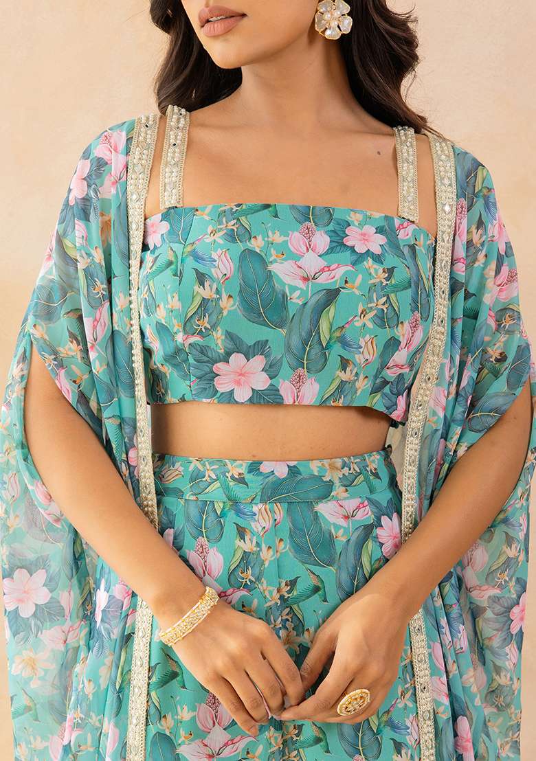 Green Embellished Georgette Sharara Set - Indya