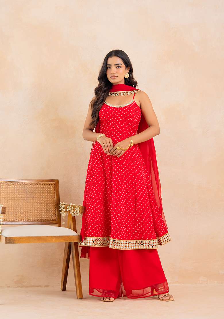 Red Embellished Georgette Anarkali With Dupatta - Indya