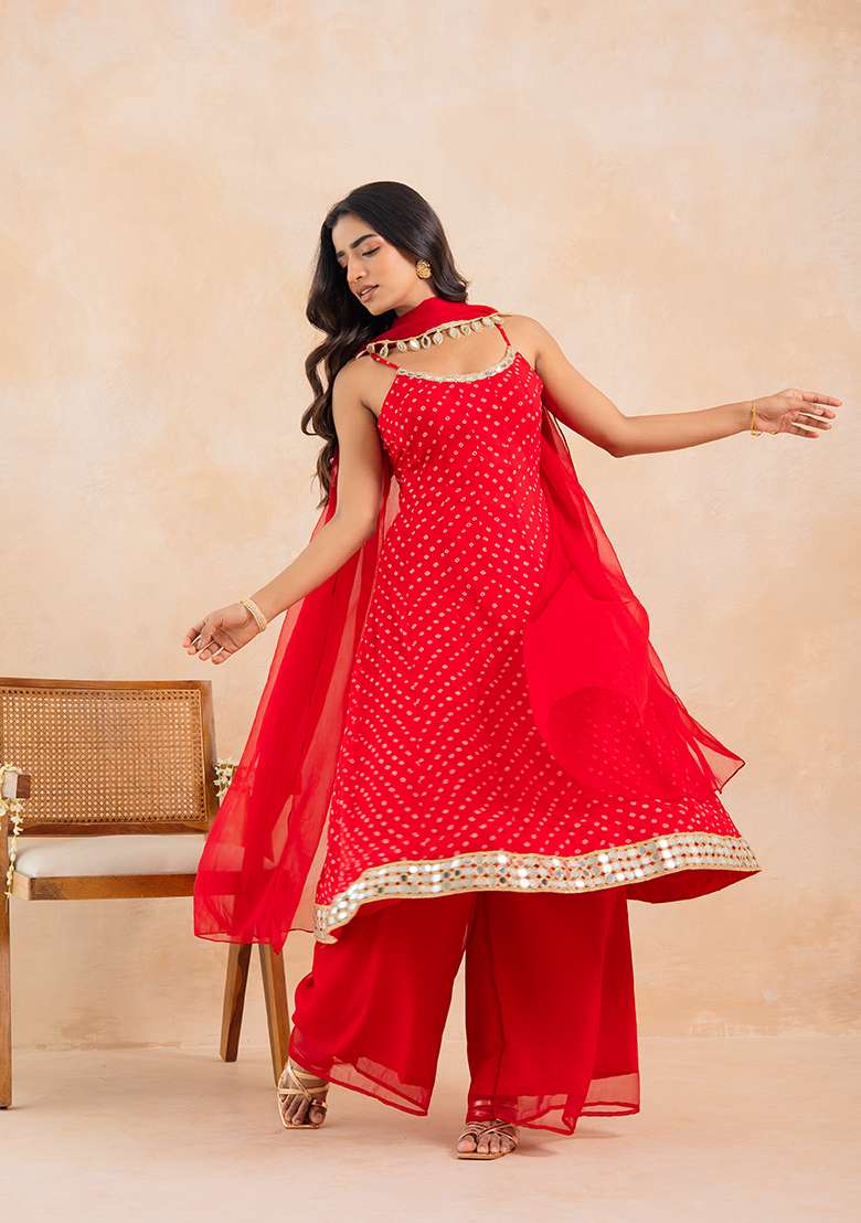 Red Embellished Georgette Anarkali With Dupatta - Indya