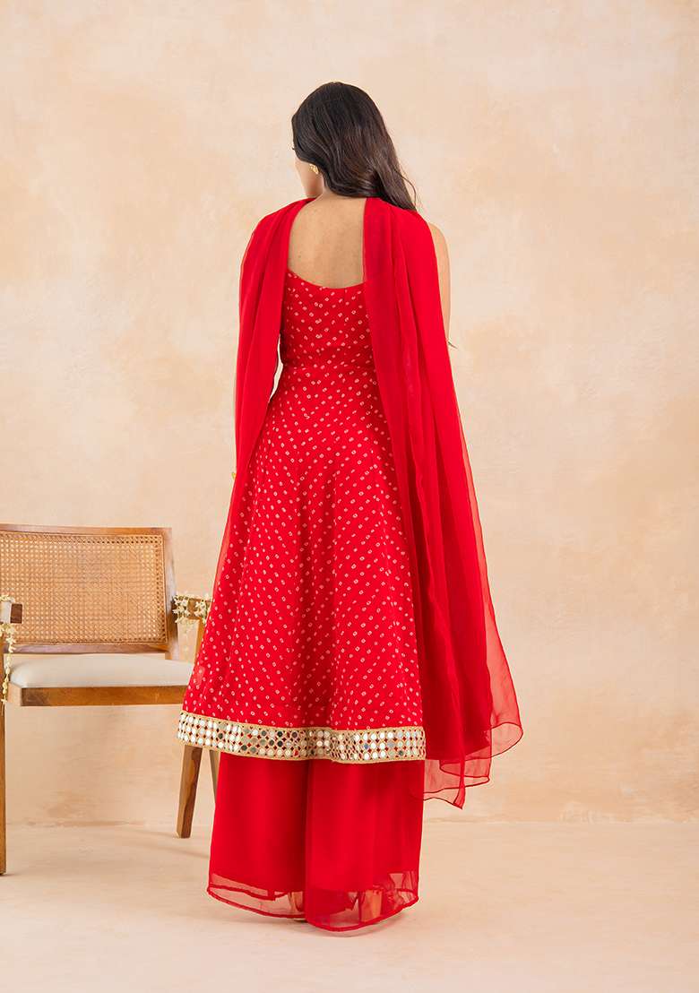 Red Embellished Georgette Anarkali With Dupatta - Indya
