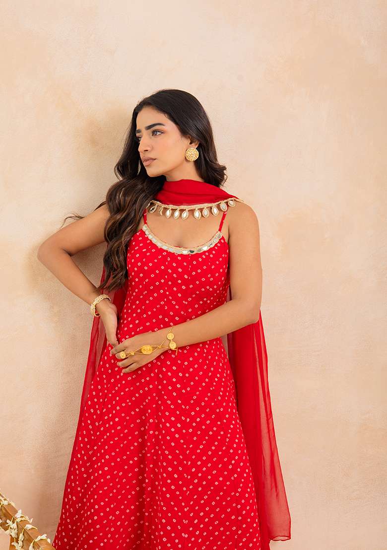 Red Embellished Georgette Anarkali With Dupatta - Indya