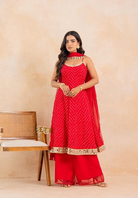 Red Embellished Georgette Anarkali Set