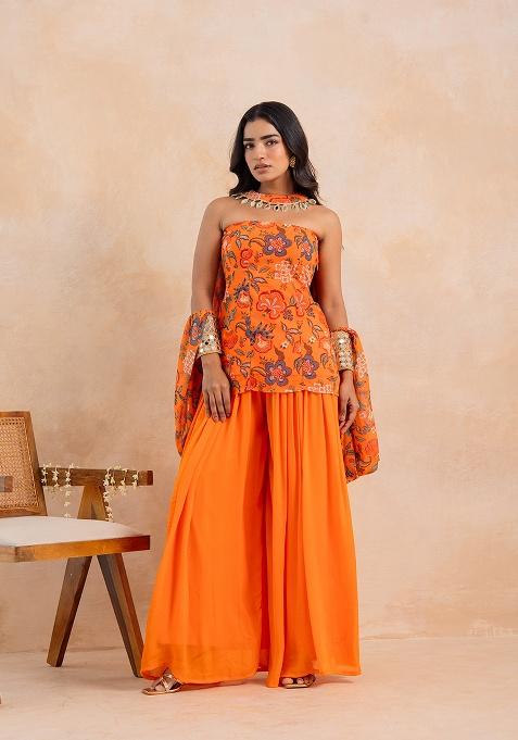 Yellow Printed Georgette Sharara Set