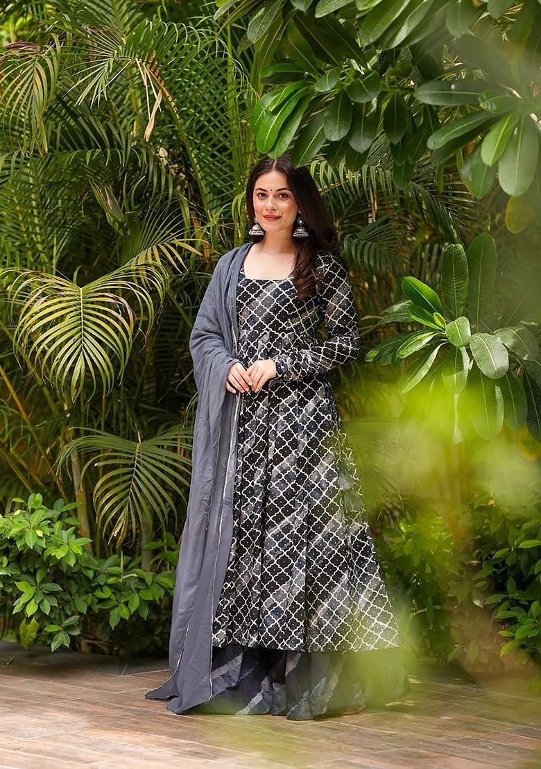 Black Mirror Work Muslin Anarkali With Dupatta - Indya