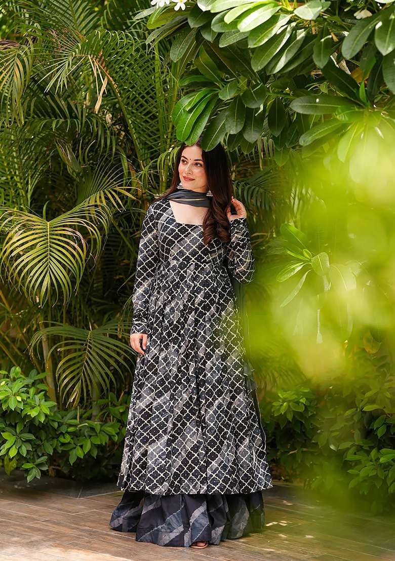 Black Mirror Work Muslin Anarkali With Dupatta - Indya