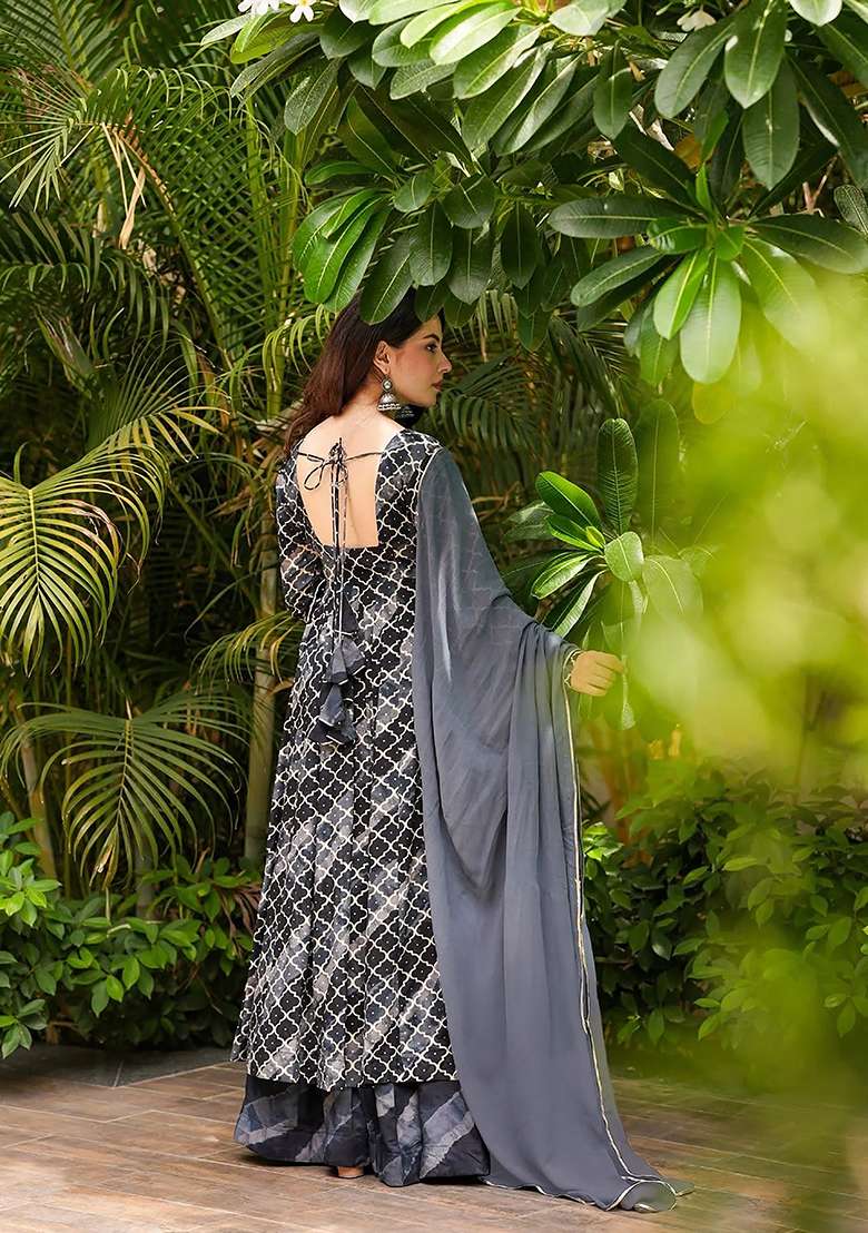 Black Mirror Work Muslin Anarkali With Dupatta - Indya