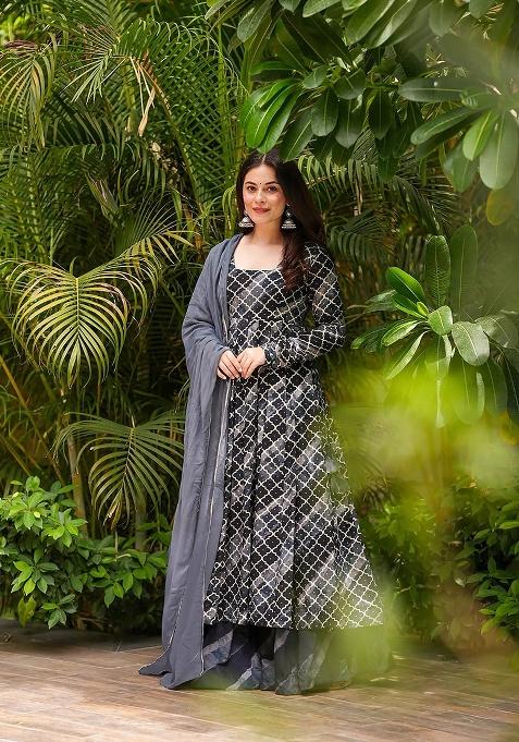 Black Printed Muslin Anarkali Set