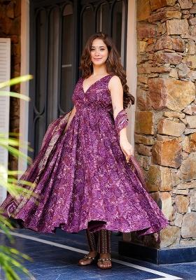 Purple Printed Muslin Anarkali With Dupatta