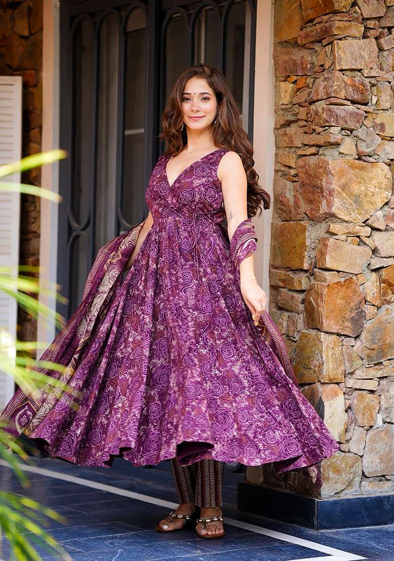 Purple Printed Muslin Anarkali With Dupatta - Indya