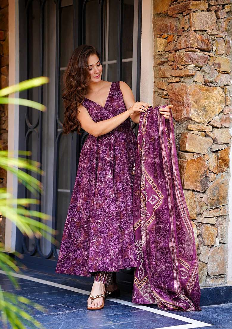 Purple Printed Muslin Anarkali With Dupatta - Indya