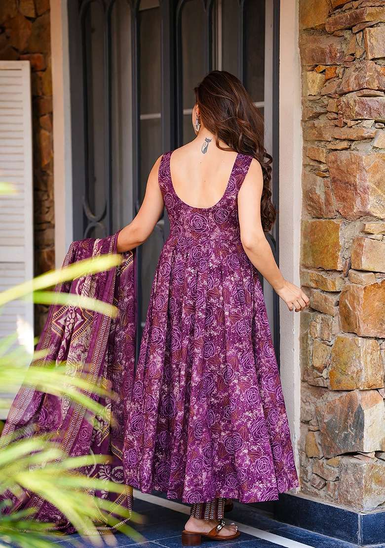 Purple Printed Muslin Anarkali With Dupatta - Indya