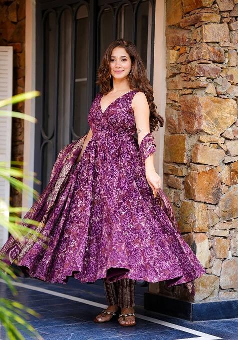 Purple Printed Muslin Anarkali Set