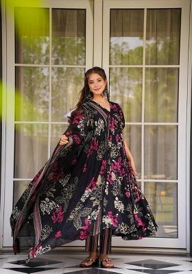 Black Printed Muslin Anarkali With Dupatta