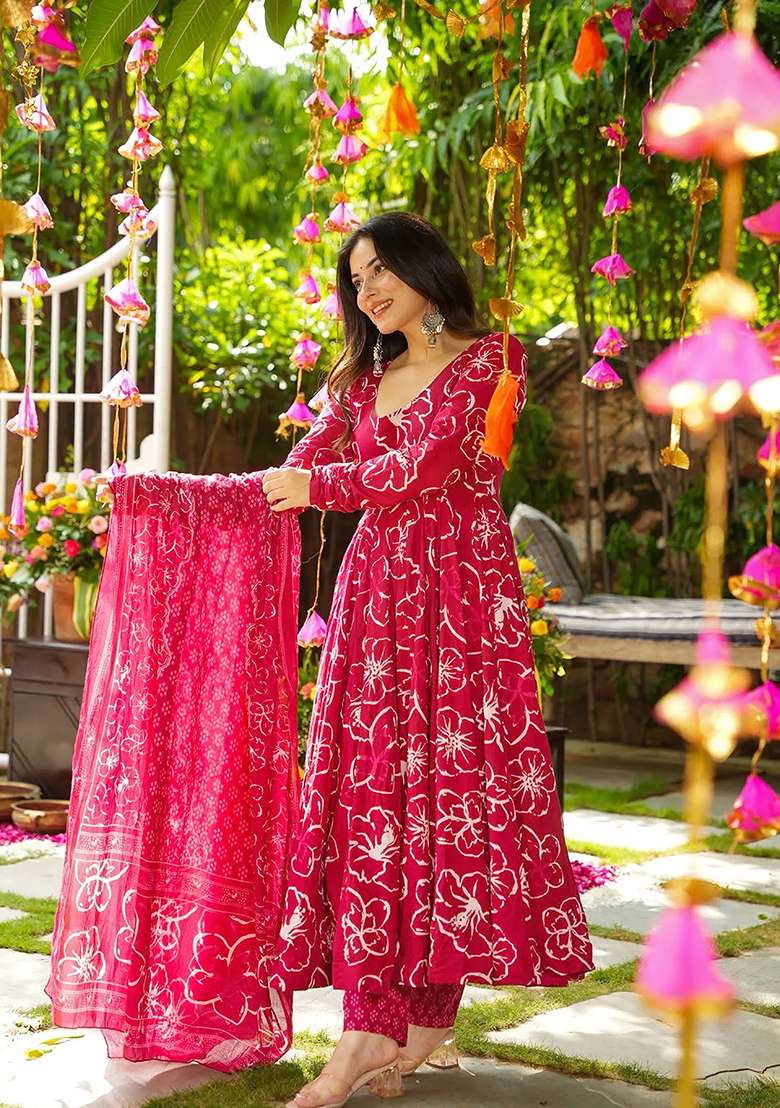 Pink Printed Muslin Anarkali With Dupatta - Indya