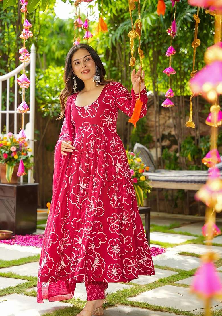 Pink Printed Muslin Anarkali With Dupatta - Indya