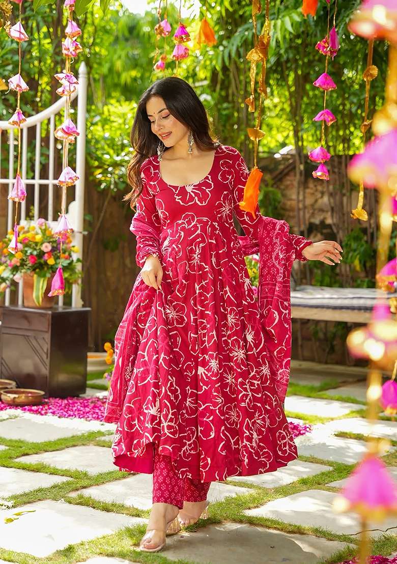 Pink Printed Muslin Anarkali With Dupatta - Indya