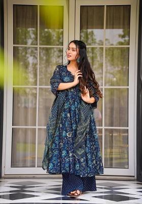 Blue Printed Muslin Anarkali With Dupatta