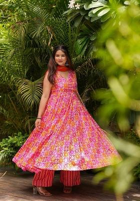 Pink Printed Muslin Anarkali With Dupatta