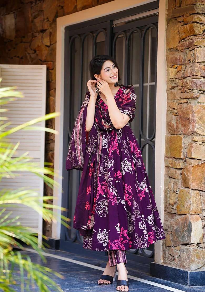 Multi Floral Print Muslin Anarkali With Dupatta - Indya