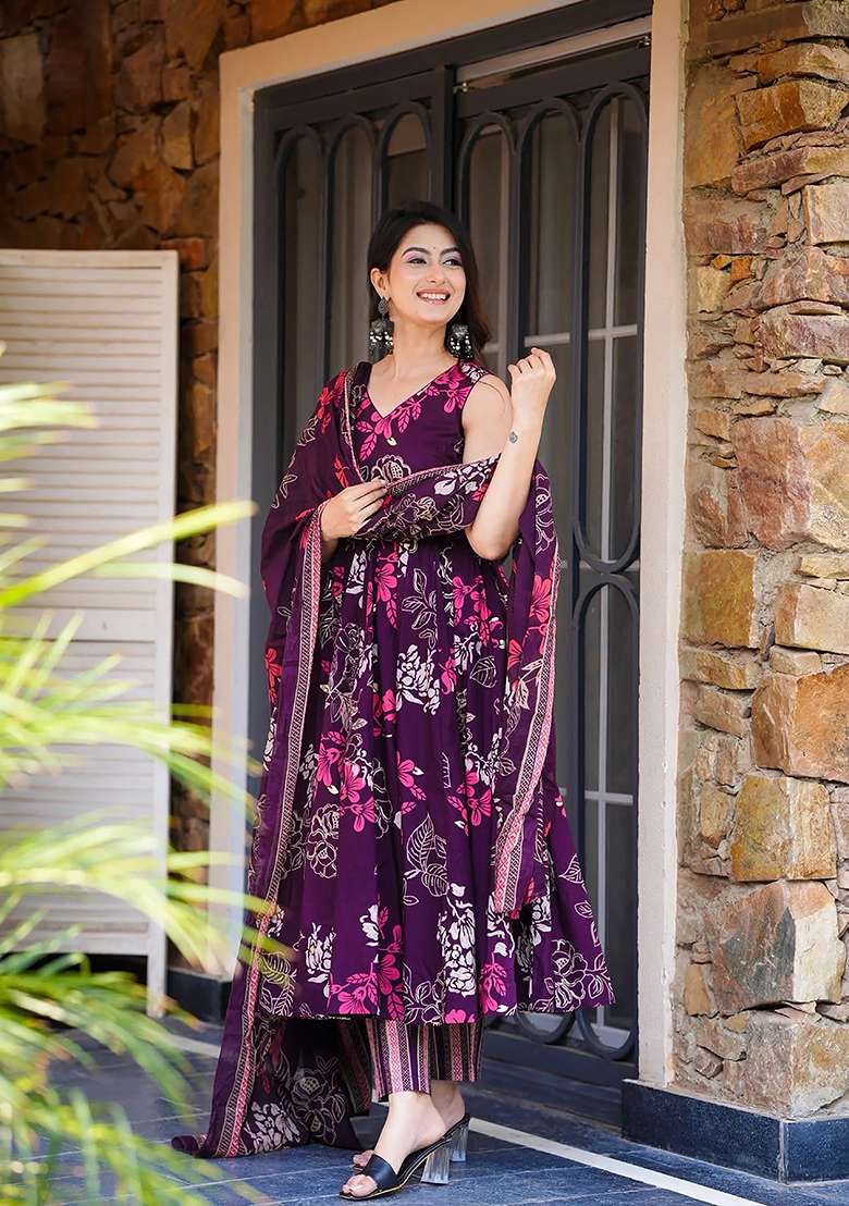 Multi Floral Print Muslin Anarkali With Dupatta - Indya