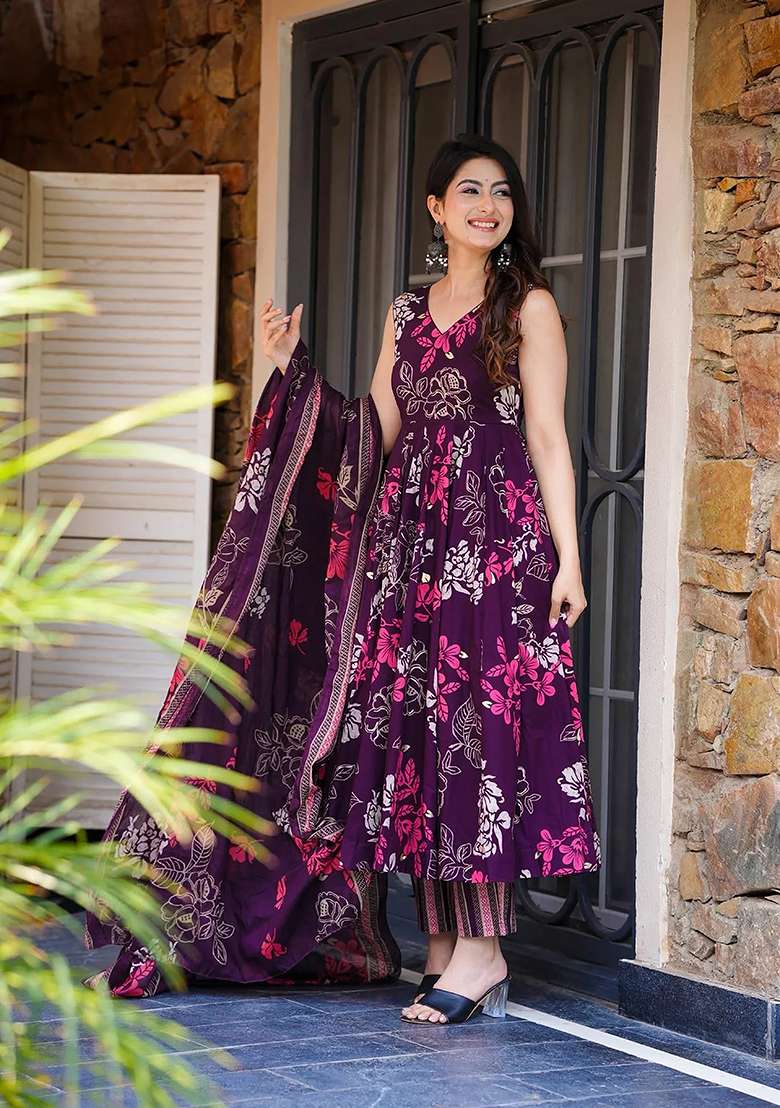 Multi Floral Print Muslin Anarkali With Dupatta - Indya