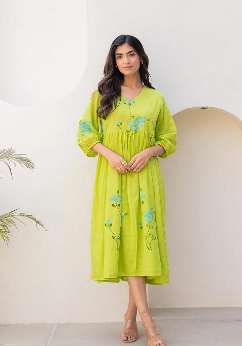 Green Printed Kota Gown