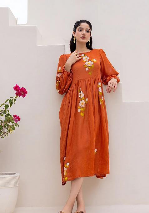 Orange Printed Kota Gown