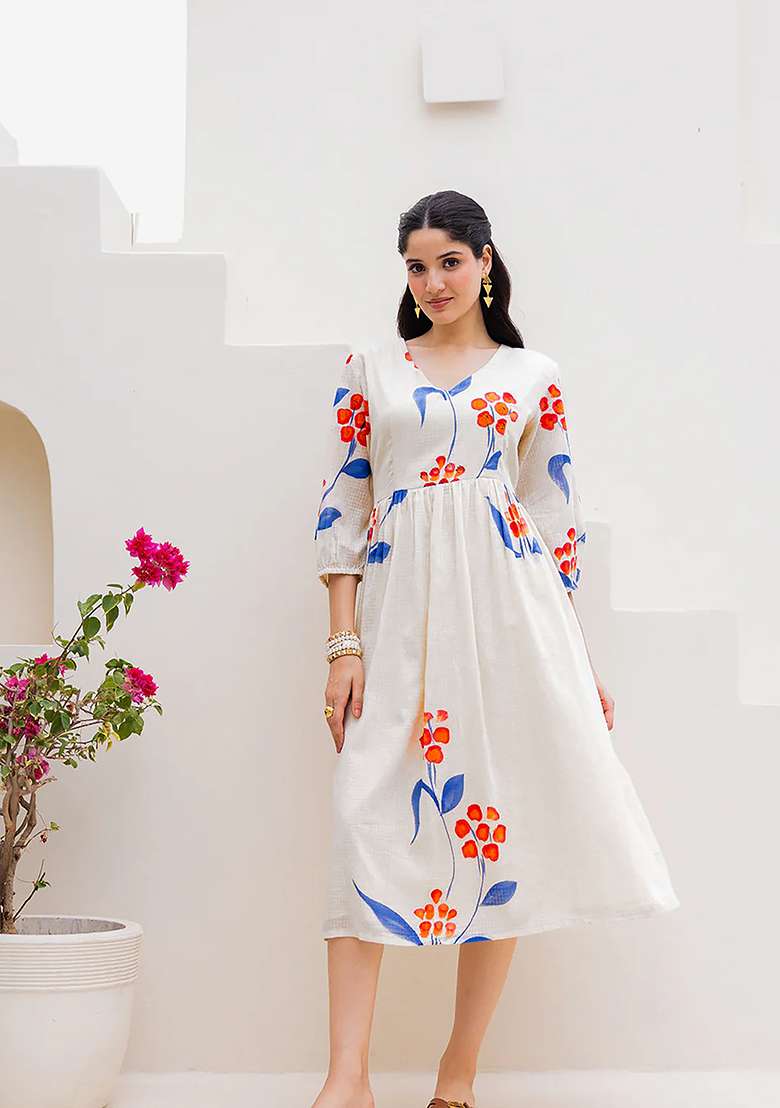 White Printed Kota Gown - Indya