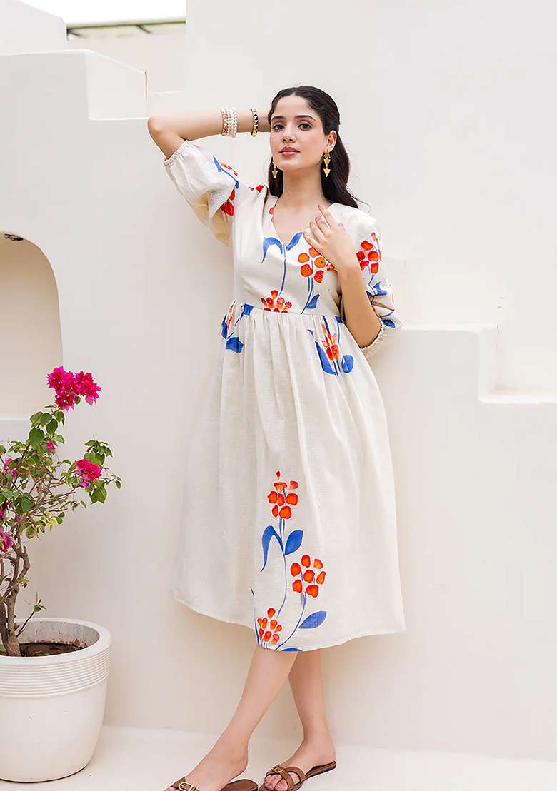 White Printed Kota Gown - Indya