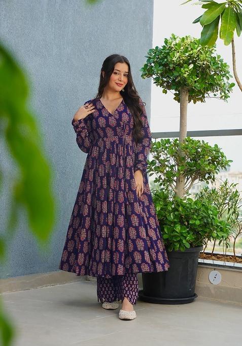 Blue Printed Rayon Kurta Set