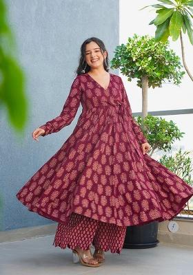 Maroon Printed Rayon Anarkali Set