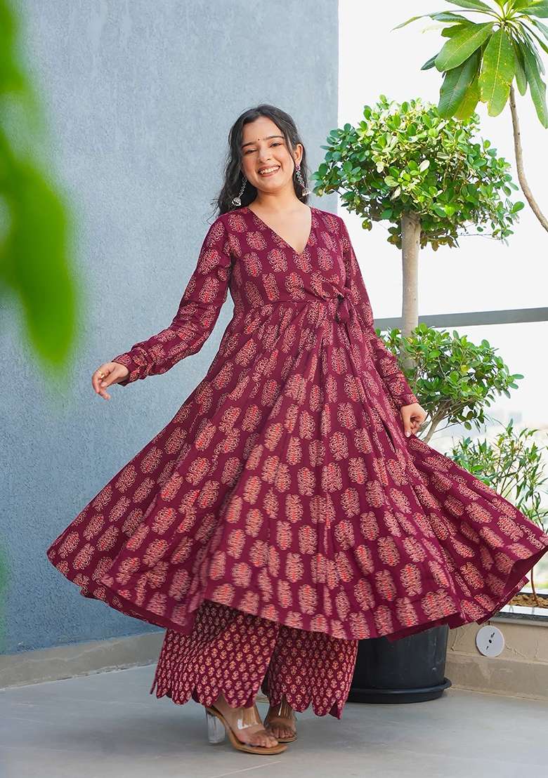 Maroon Printed Rayon Anarkali Set - Indya