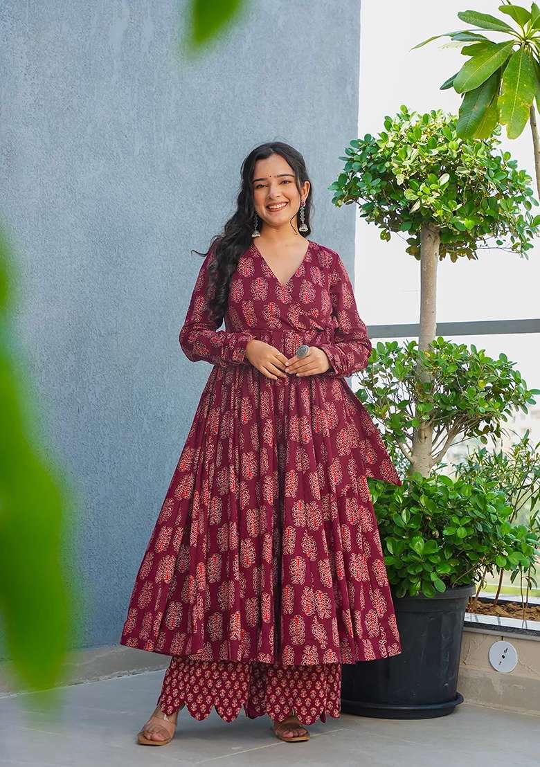 Maroon Printed Rayon Anarkali Set - Indya