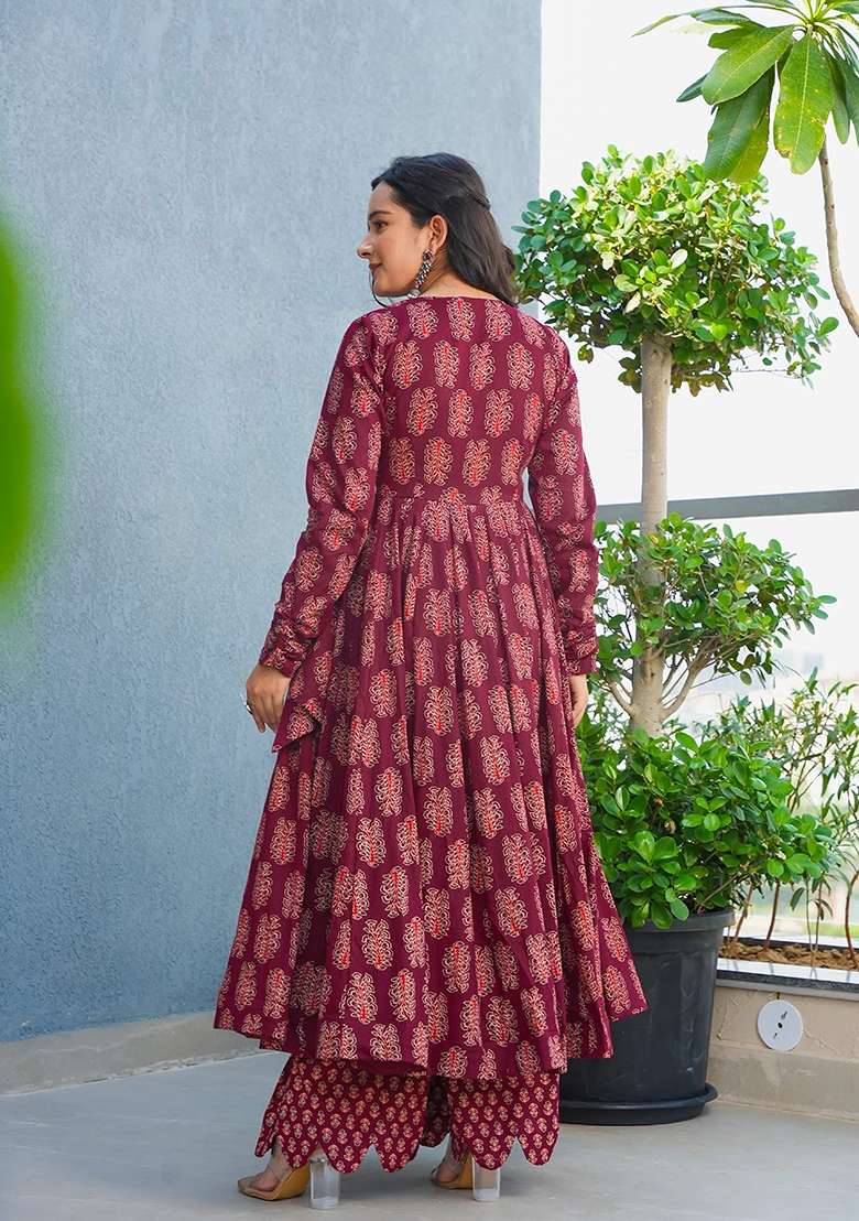 Maroon Printed Rayon Anarkali Set - Indya