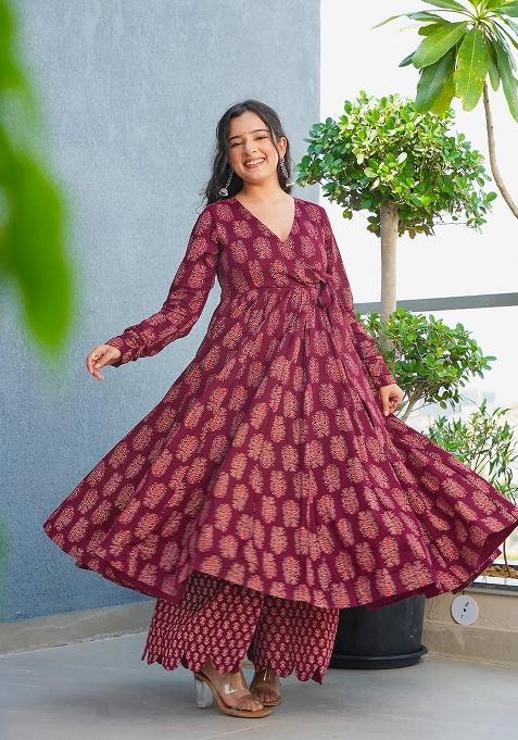Maroon Printed Rayon Kurta Set