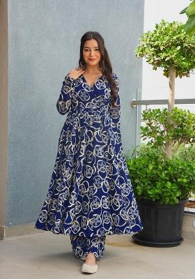 Blue Printed Rayon Anarkali Set