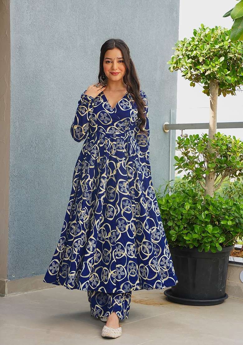 Blue Printed Rayon Anarkali Set - Indya