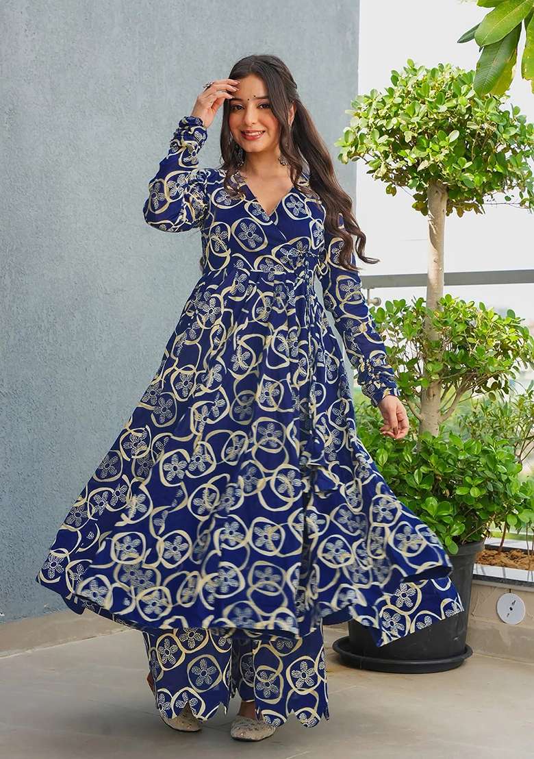 Blue Printed Rayon Anarkali Set - Indya