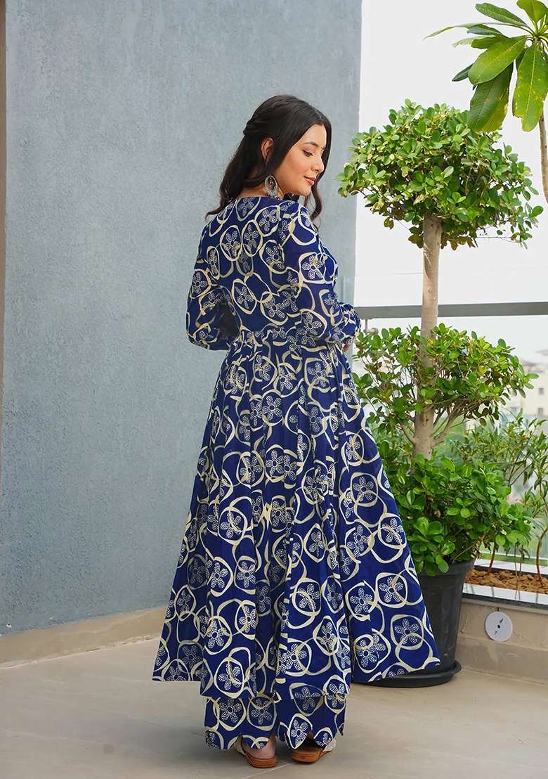 Blue Printed Rayon Anarkali Set - Indya