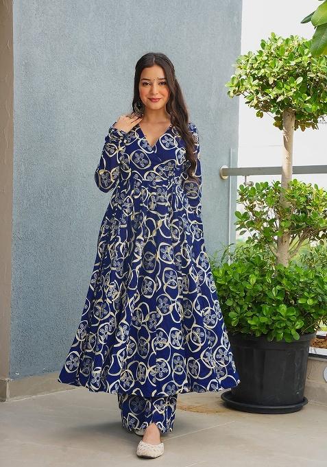 Blue Printed Rayon Kurta Set