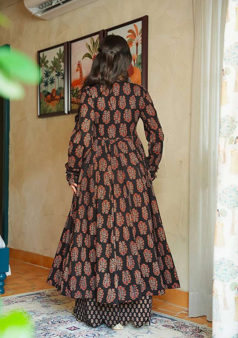 Black Printed Rayon Anarkali Set - Indya