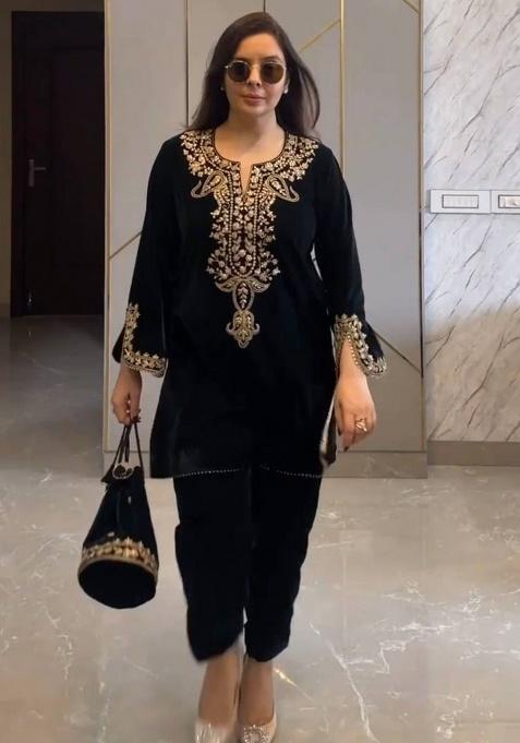 Black Embroidered Viscose Velvet Kurta Set
