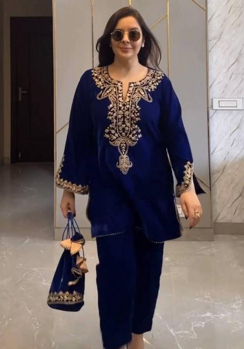 Blue Embroidered Viscose Velvet Kurta Set