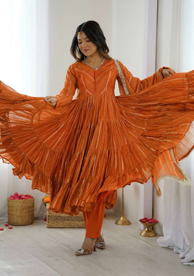 Orange Tie And Dye Chanderi Anarkali Set - Indya