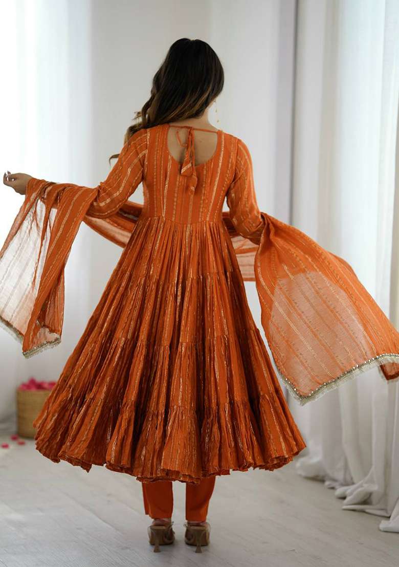 Orange Tie And Dye Chanderi Anarkali Set - Indya