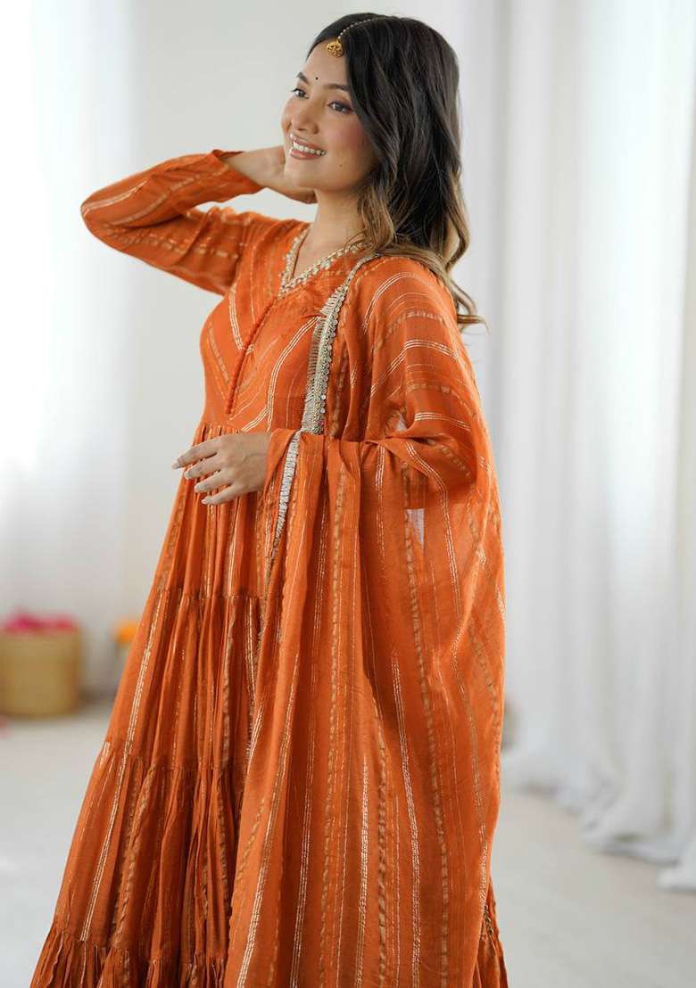 Orange Tie And Dye Chanderi Anarkali Set - Indya