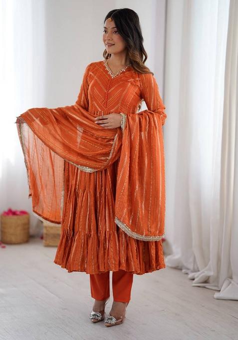 Orange Mirror Work Mal Chanderi Kurta Set
