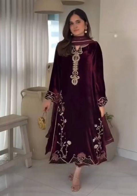 Maroon Embroidered Viscose Velvet Kurta Set
