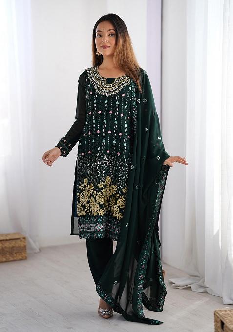 Dark Green Sequence Work Georgette Kurta Set