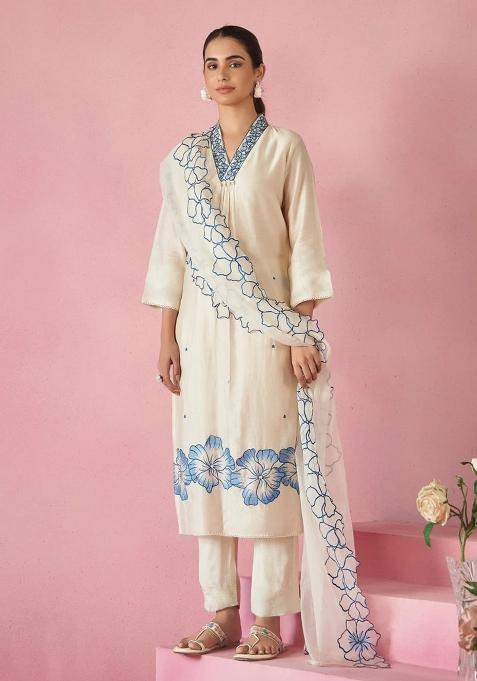 White Embroidery Viscose Kurta Set